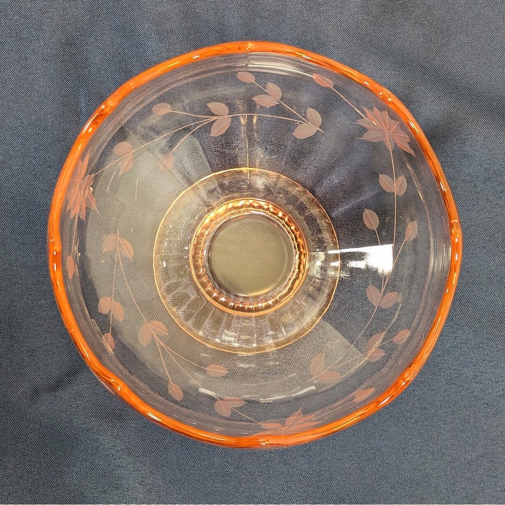 Pink Depression Glass Bowl Scalloped Top Compote Floral Etched Pedestal - Picture 7 of 8